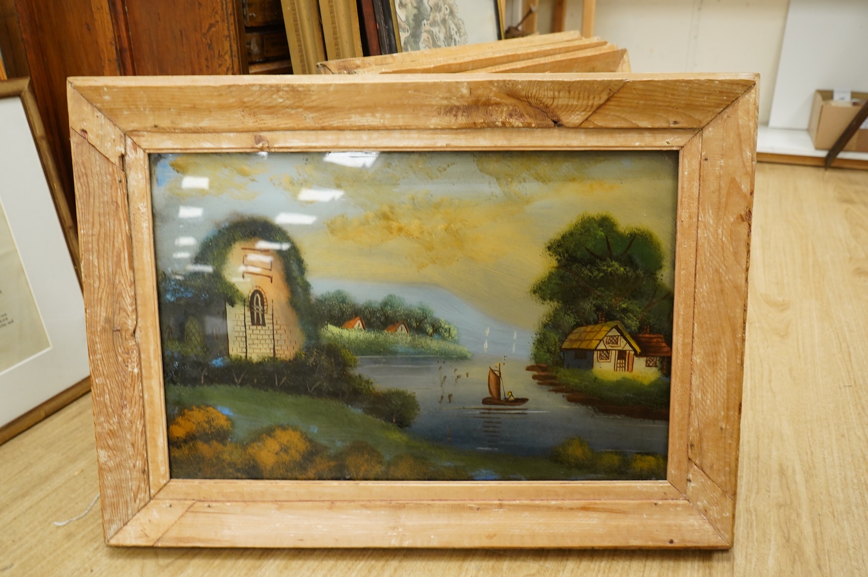 Victorian school, Riverscapes, set of four reverse glass painted panels, 39 x 59cm